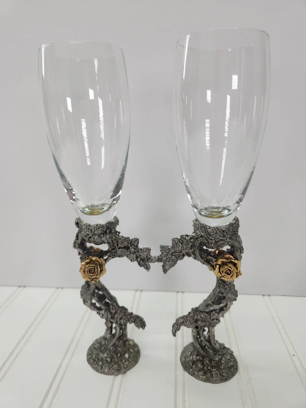 Vintage Fellowship Foundry Kevin O'Hare Pewter & Gold Rose Toasting Flutes Set